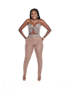 Women's Anastasia jumpsuit mocha with rose gold glitter on the top of jumpsuit Minimal stretch Zipper on the back.